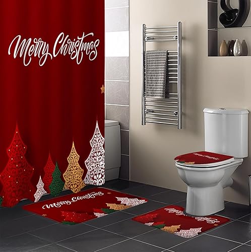 Juego de baño de Navidad con cortina de ducha, alfombra y accesorios, cortina de 36 x 72 pulgadas de largo con tapete de baño pequeño, lavable para
