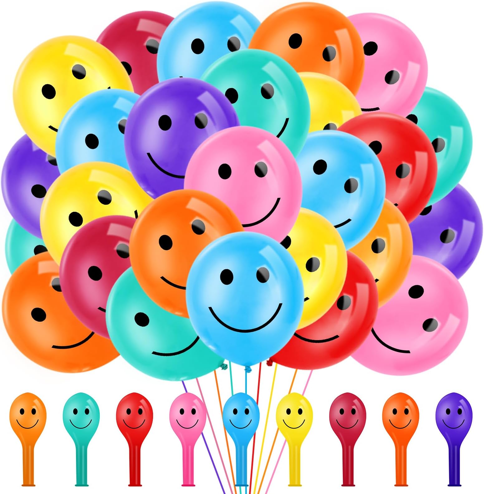 12 Inch Smile Balloons, Colorful Smile Face Latex Balloons for Birthday Party Baby Shower Graduation Wedding Holiday Christmas Balloon Festive Decoration - 50 Pack
