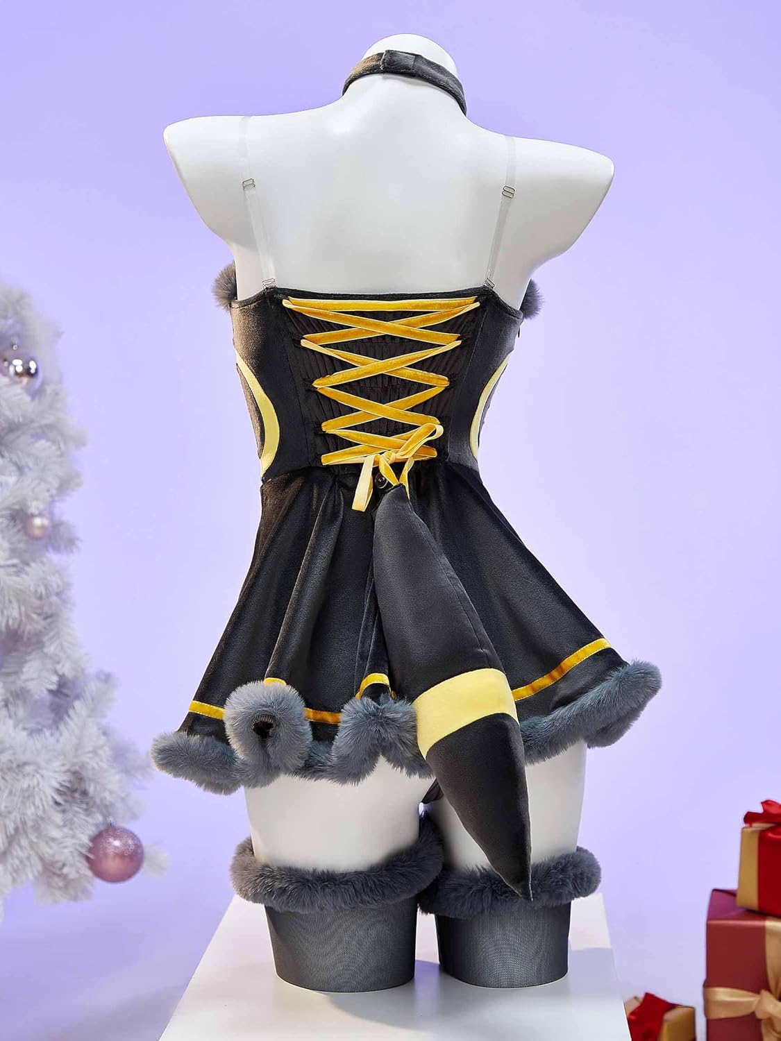 Mobbunny Women Anime Derivative Mini Dress Cosplay Costume Grey Babydoll Fluffy Dress with Headband and Tail