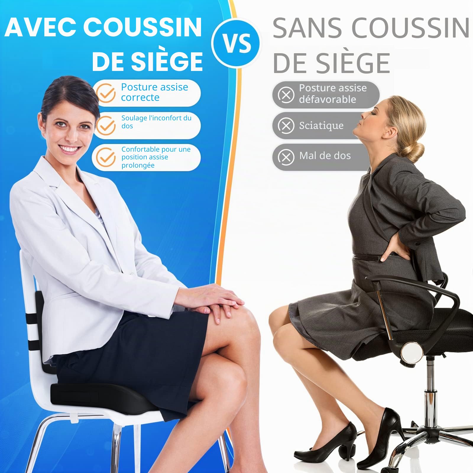 CushZone Coussin de siège, coussin de soutien lombaire avec sangle réglable - Coussins de chaise pour soulager la douleur sciatique - Avec housse lavable en mousse à mémoire de forme pour voiture,