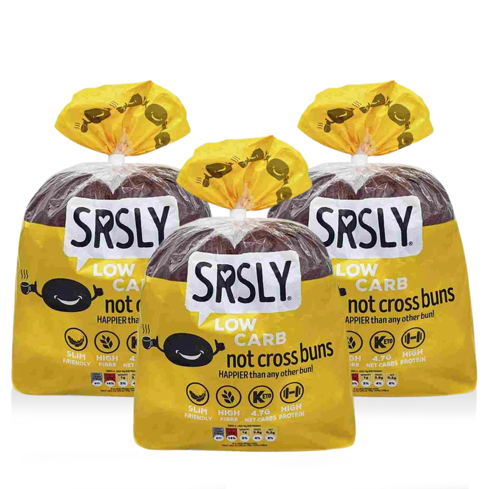 SRSLY Low Carb Keto Hot Cross Buns - 4.7G Carbs, 11G Protein, 6G Fibre - Freshly Baked Soft & Fluffy - Sugarwise Certified High Protein Lower Calorie Bread - Pack of 3