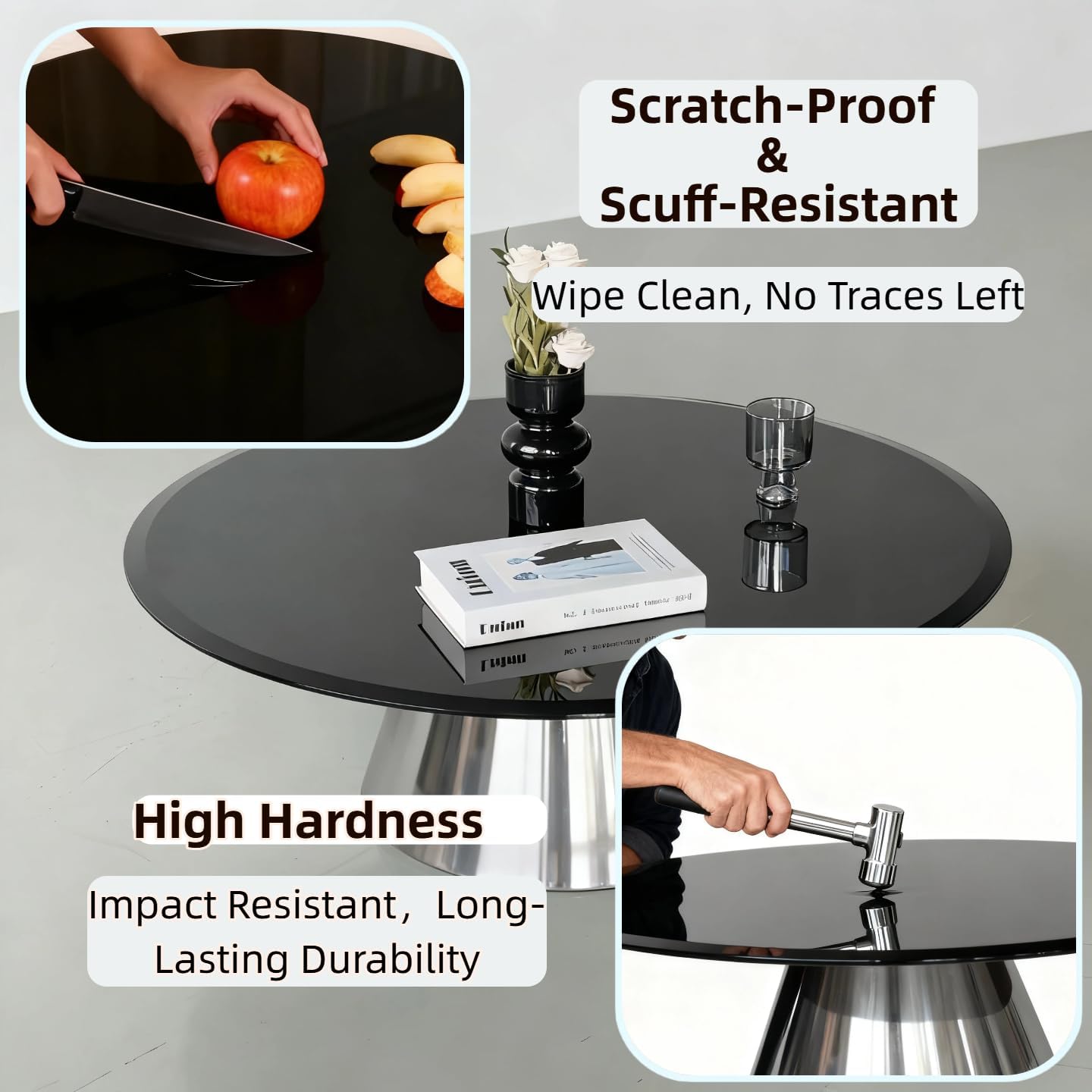 24 inch Round Glass Table Top - Black Tempered Glass Surface Protector - Safe 1/4" Thick Round Edge - Useful for Replacement,Dining Table, Patio, Coffee and End Table,Indoor & Outdoor