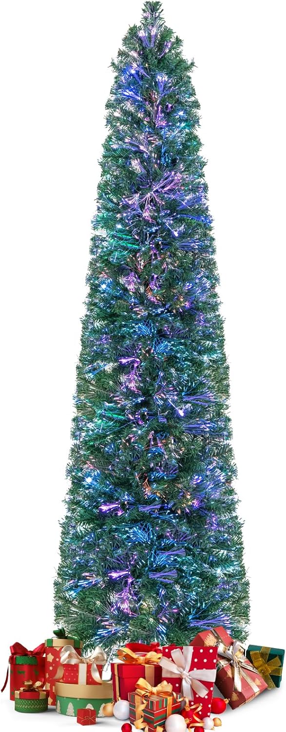 HOMGX 7FT Fiber Optic Slim Christmas Tree, Prelit Pencil Christmas Tree with Colorful Lights & 697 Branch Tips, Artificial Xmas Tree for Home Office Holiday Party Decoration