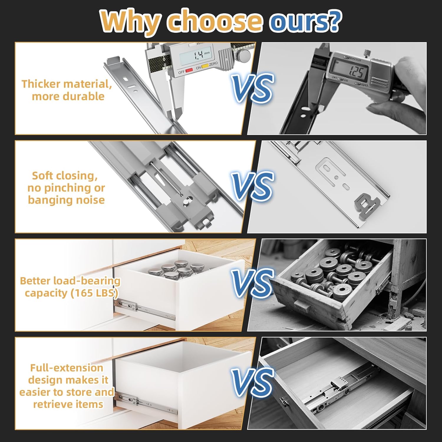 [165 LB Capacity] 1 Pair Soft Close Drawer Slides Side Mount 14 16 18 20 22 Inch, Full Extension Ball Bearing Heavy Duty Drawer Glides, Quiet Cabinet Rail for Home Office RV Tool Box, 18 Inch