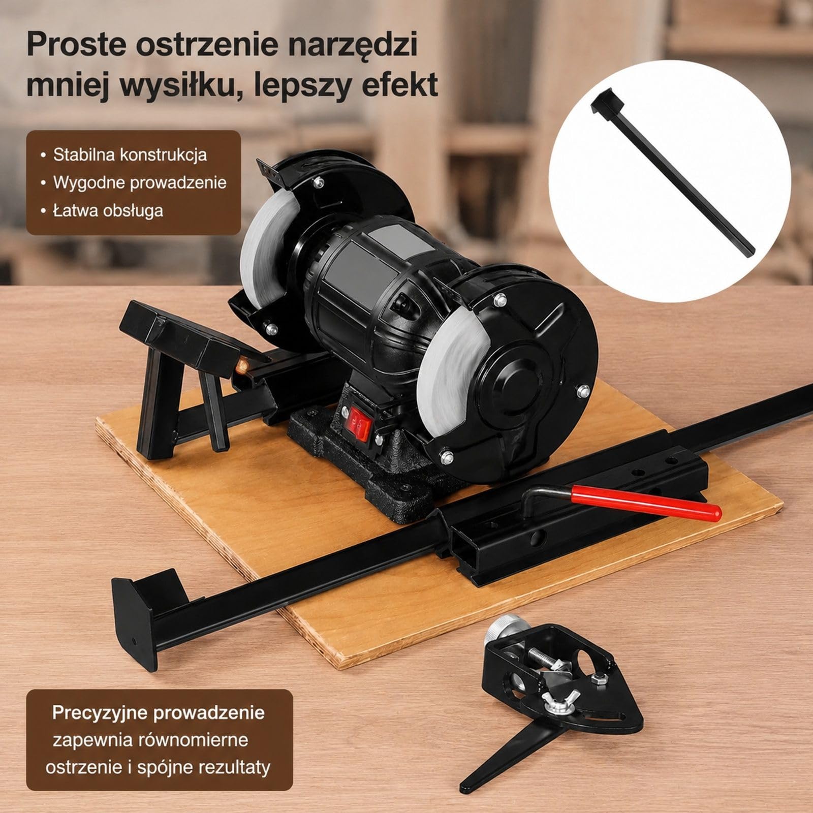 Przyrząd do ostrzenia na szlifierkę stołową z platformą i długim prętem podporowym do dłut, żłobaków, noży strugarskich, rzeźbienia, toczenia drewna