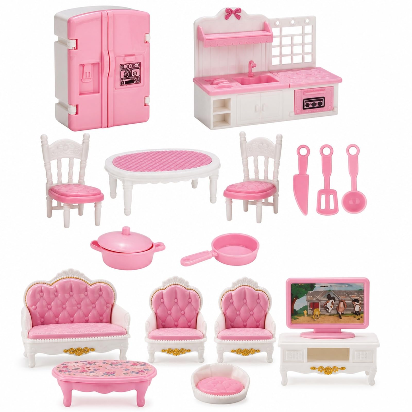 17 PCS Dolls House Furniture, Wooden Miniature Kitchen and Living Room Accessories for Model House Display, Craft Scene Decoration and Desk Arrangement
