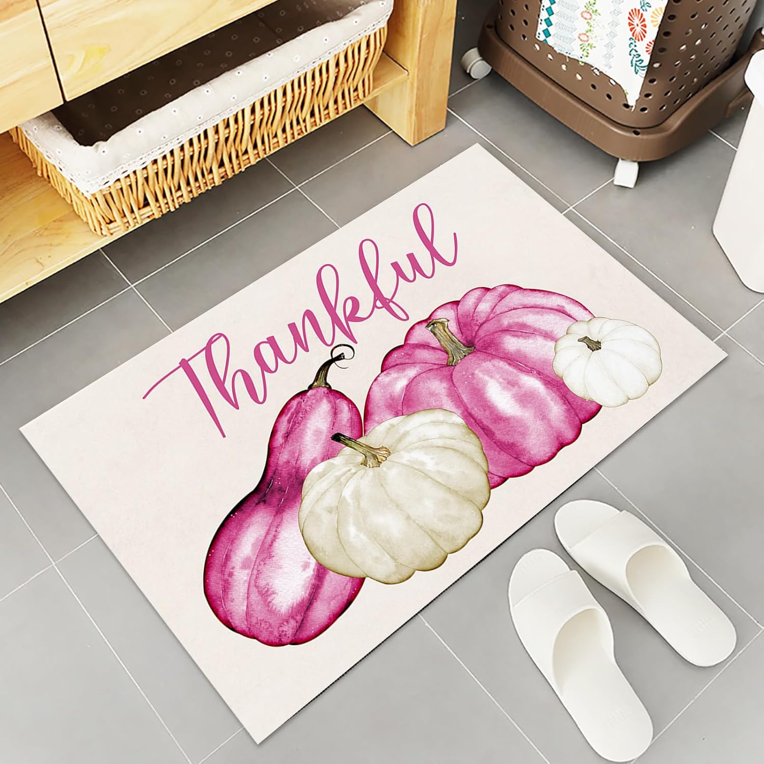 ALAGEO Nature's Fall Welcome Pink & White Pumpkin Doormat, 20"x32" Thankful Seasonal Harvest Home Decor