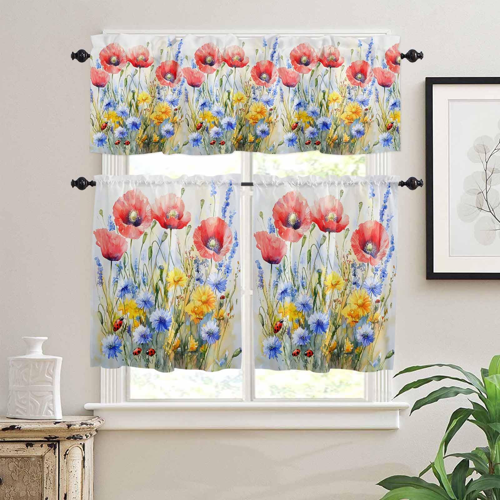 Blue Flower Kitchen Curtains 36 Inch Length,3 Piece Rod Pocket Small Half Tiers and Valance Set,Patriotic Red Poppy Floral Daisy Wildflower Small Large Window Treatment Decor for Bedroom/Bathroom