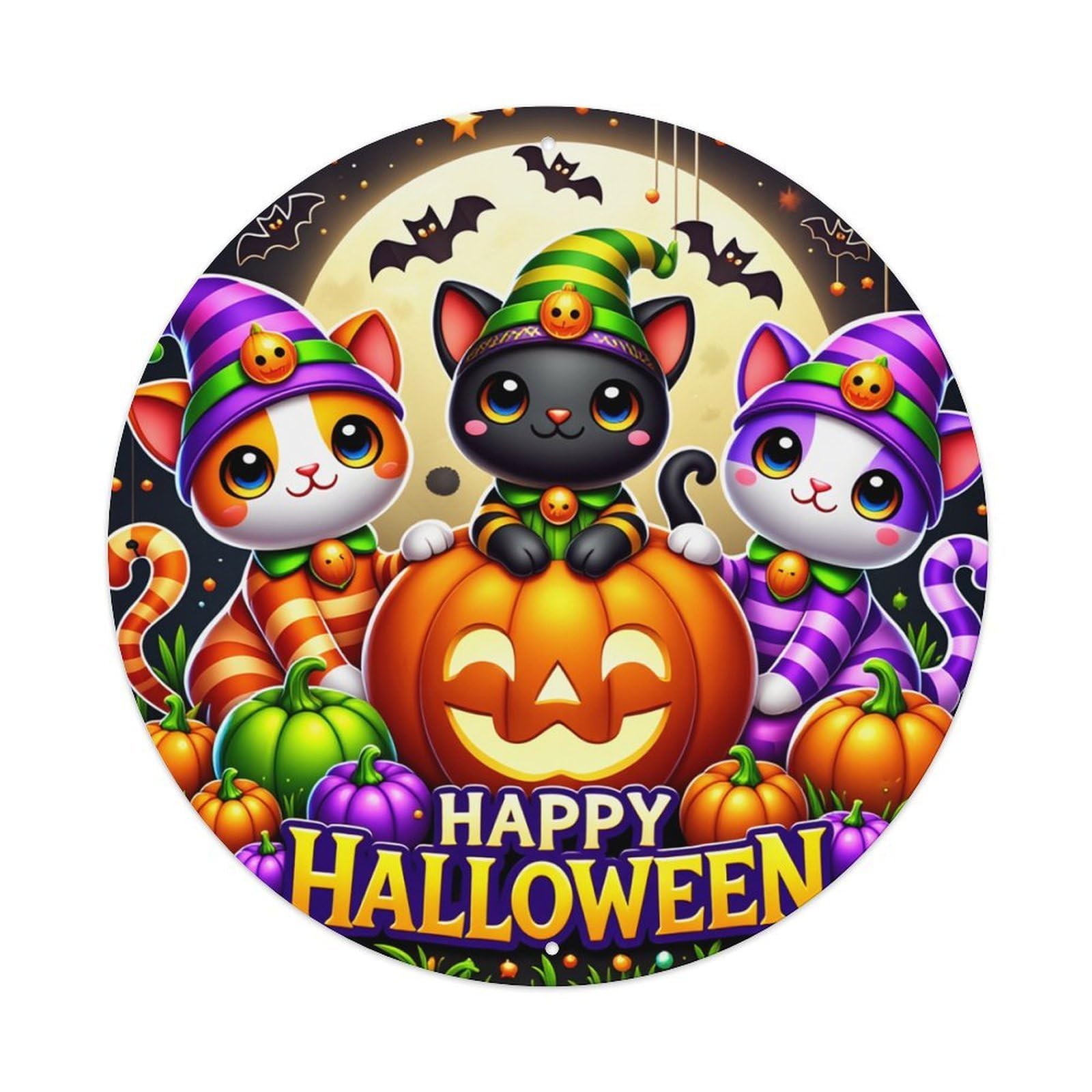 Cute Cats Pumpkins Bats Moon Round Tin Sign Retro Metal Sign for Cafe Bar Pub Home Game Room Gym Club Wall Decoration Vintage Metal Poster 8x8 Inch
