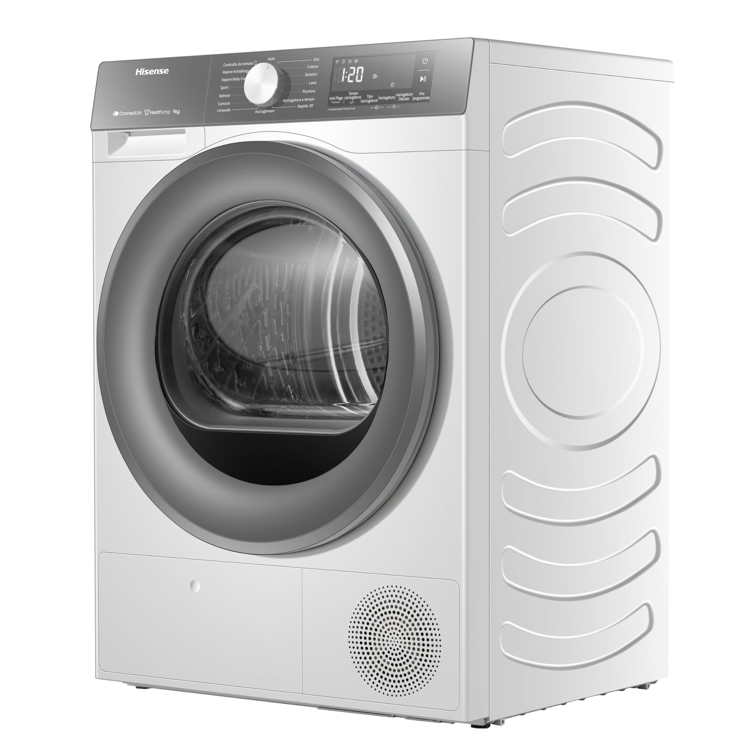Hisense DH3S902BWCCA Asciugatrice a Pompa Di Calore, 9 Kg, A+++/C, Big Display, 16 programmi, Refresh, WiFi, Porta Reversibile, Bianco/Silver