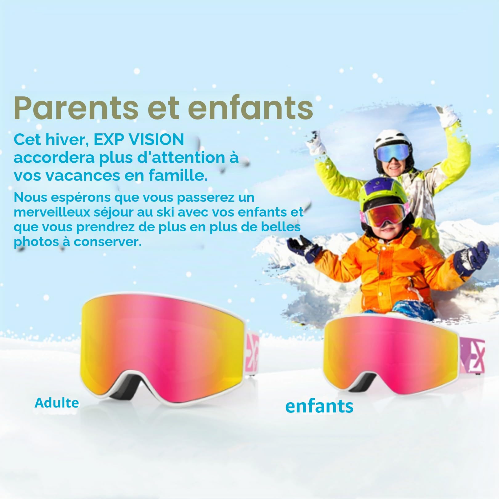 EXP VISION Ensemble de lunettes de ski parent-enfant, lunettes de neige anti-buée, protection UV 100%, lunettes de snowboard OTG pour hommes, femmes, jeunes, enfants