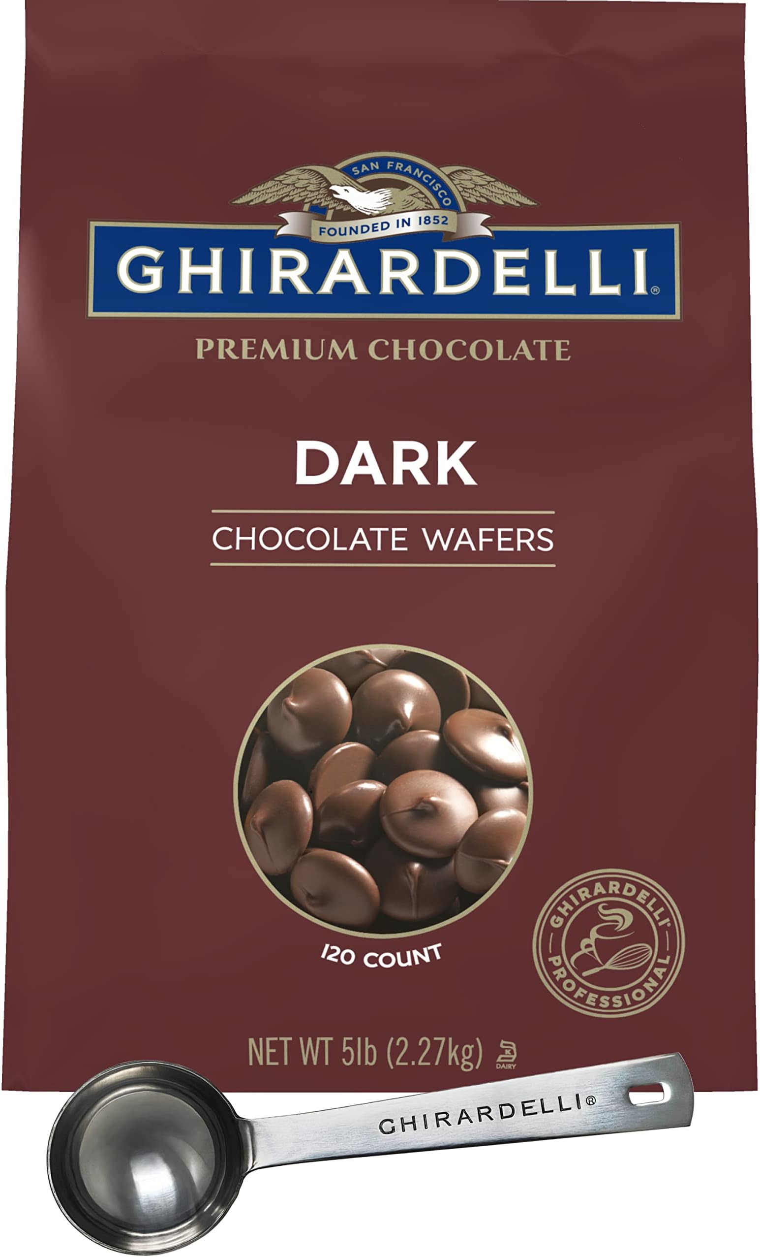 - Dark Chocolate Wafers, 120 count per lb, 5lb Bag with Ghirardelli Stamped Barista Spoon