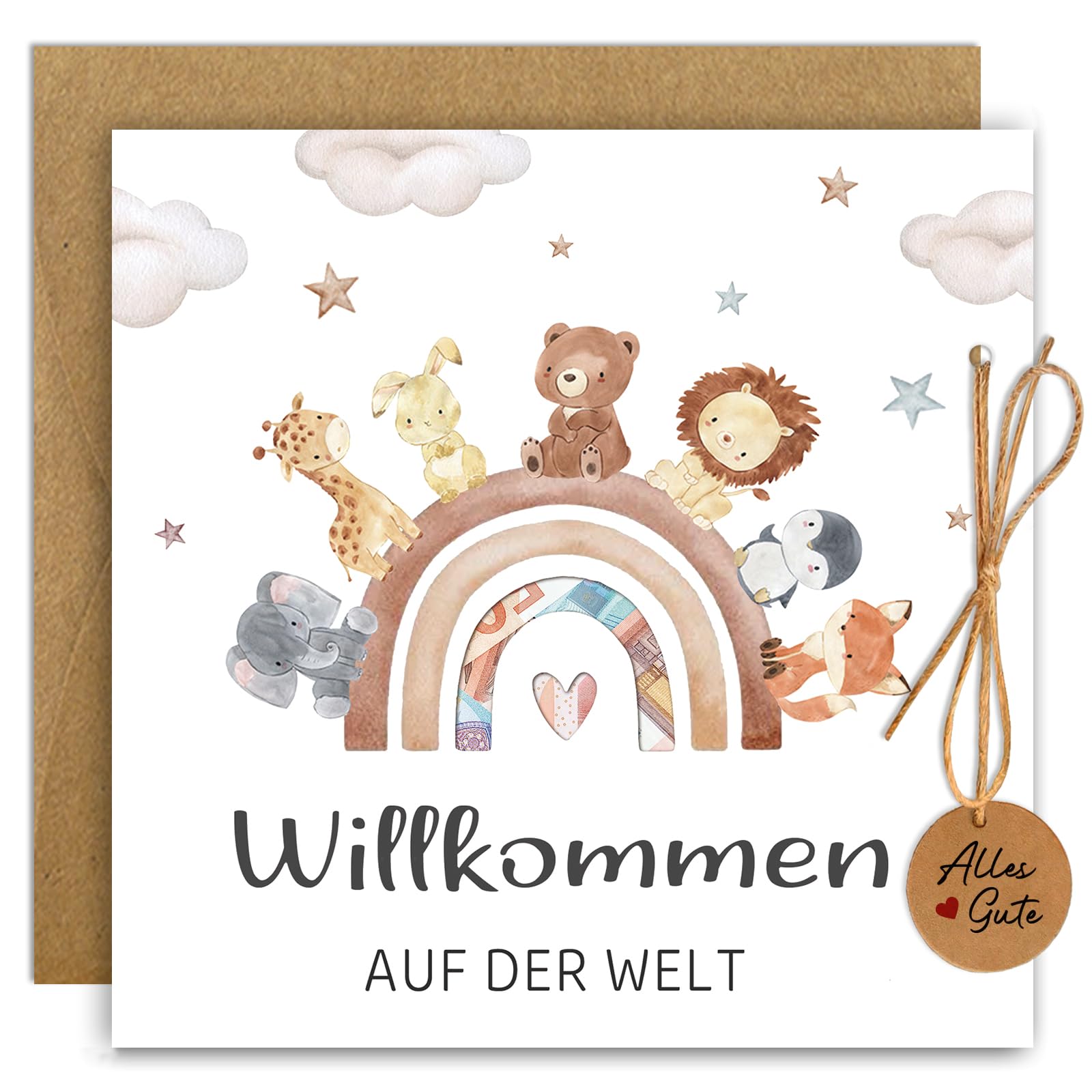 O'meFun Karte Geburt Geldgeschenk Geburt mit Umschlag, Karte Geschenke zur Geburt Mädchen & Junge, Sinnvolle Geschenke zur Geburt, Regenbogentiere Glückwunschkarte Baby Geburt Geschenk
