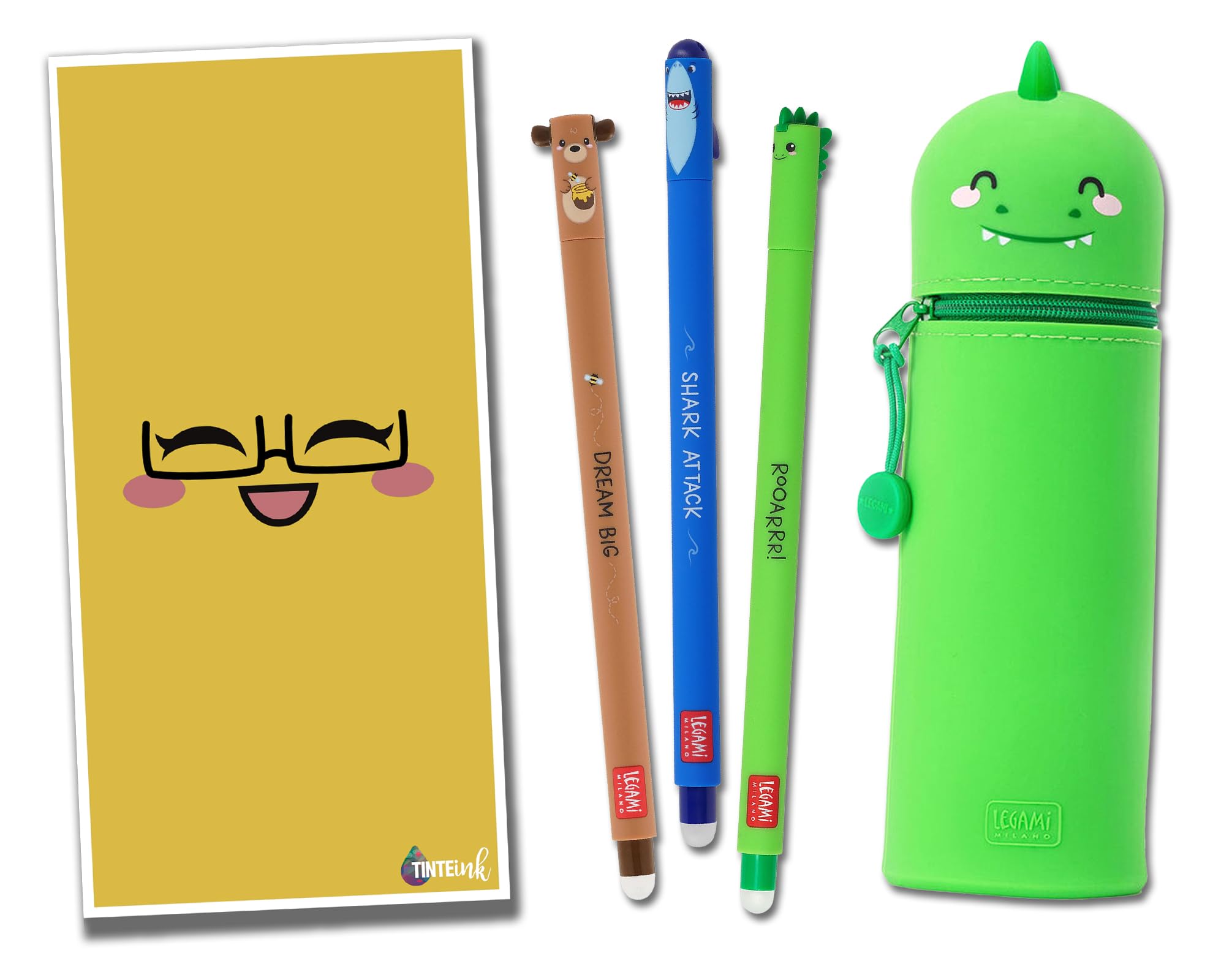 Tinte Ink Legami Erasable Pens with Matching 2 in 1 Silicone Pencil Case Gift Envelope! - Choose Cute Design! (Dino Case Set)