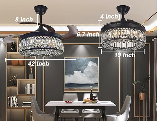 Miniatura 7 de Ventiladores de techo de 42 pulgadas con luces y control remoto, moderno ventilador de araña de cristal negro con motor reversible de 6 velocidades,