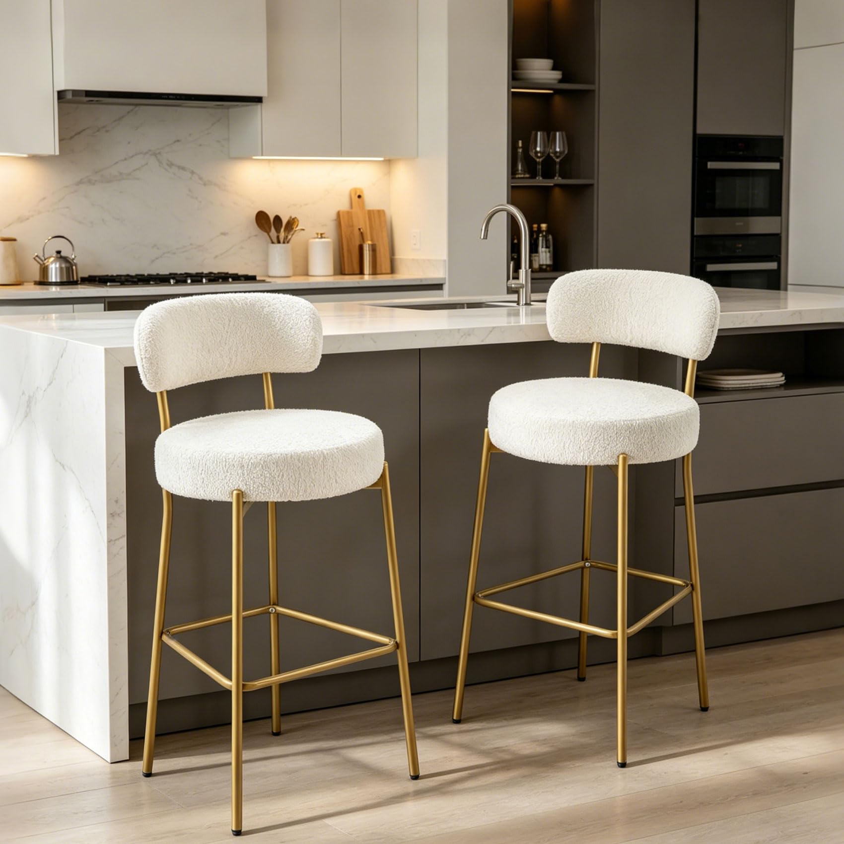 AurnaGle White Bar Stools Set of 2, Boucle Counter Height Bar Stools, 24" Modern Counter Stools with Backs, Upholstered Barstools with Gold Legs for