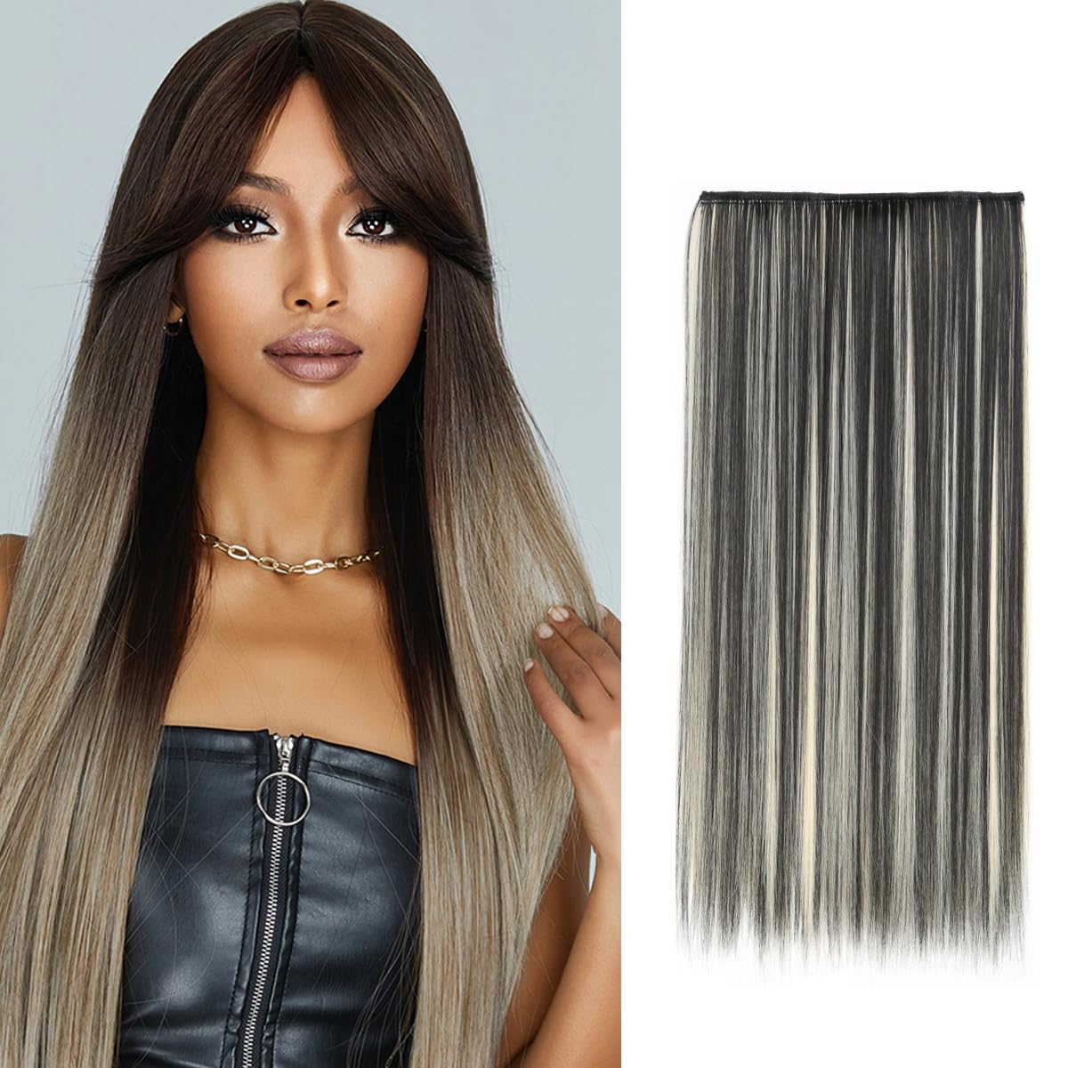 Extensiones de Clip de Pelo Natural 25 x 60cm Largo Extensiones de Pelo Natural Adhesivas Blanco+Negro Extensiones Cabello Humano Sintético Extensiones Hilo Invisible Largo Ondulado Rizado para Mujer