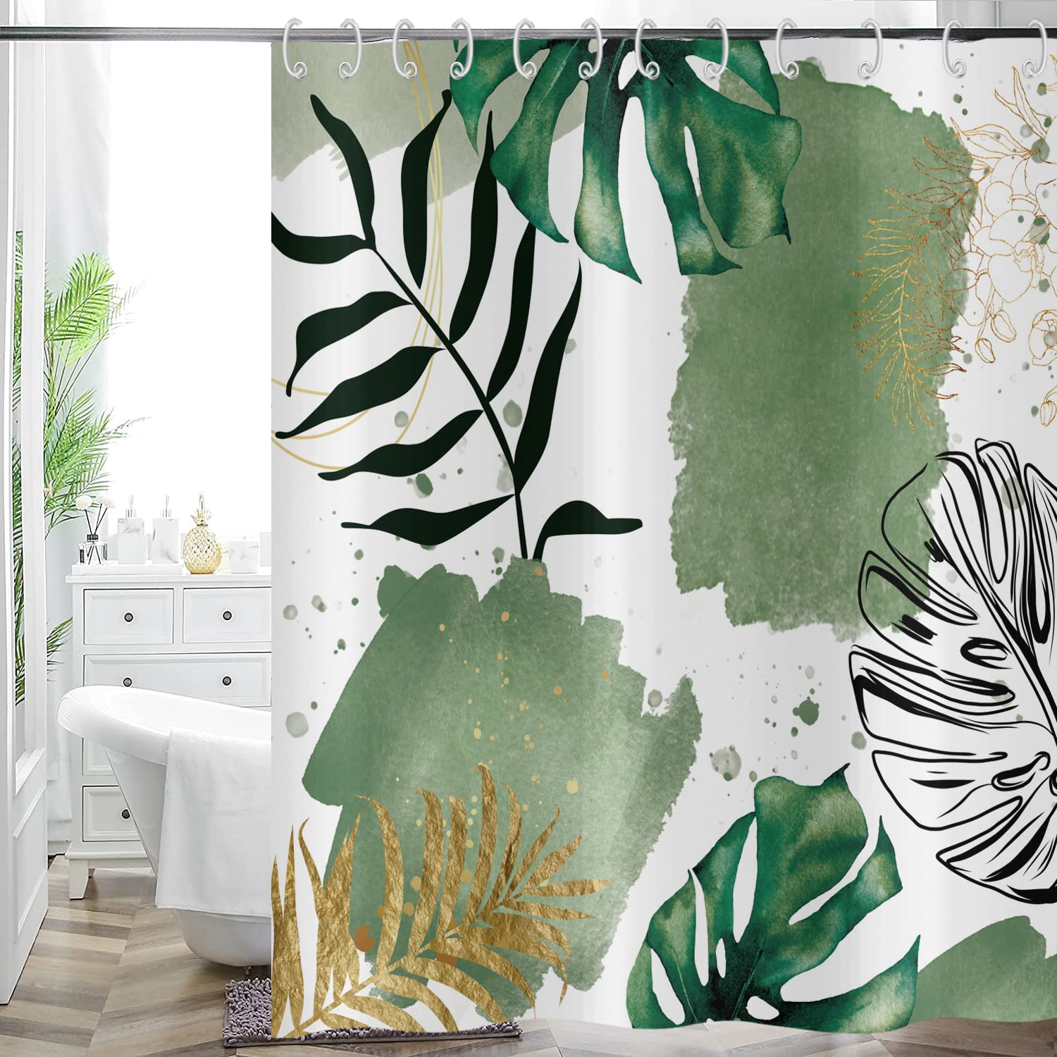 Boho Shower Curtain 120x200, Hnmdmyi Abstract Green Tropical Leaves Bathroom Curtains Mid Century Modern Geometric Minimalist Aesthetic Art Waterproof Polyester Fabric Washable Bath Curtain with Hooks