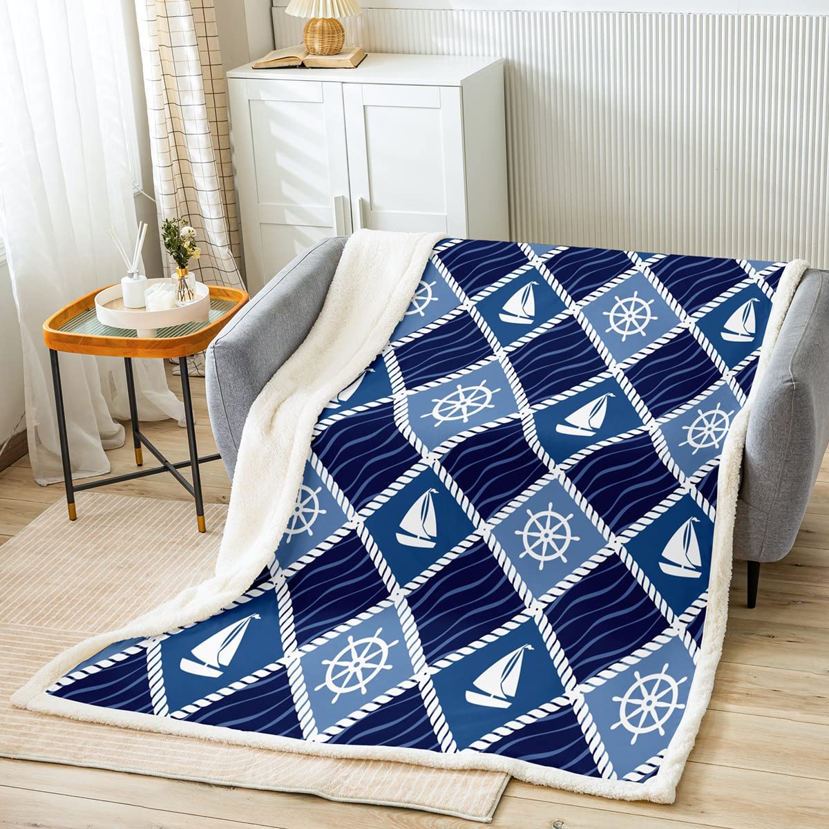 Ocean Theme Throw Blanket Nautical Rudder Sailboat Blanket for Couch Sofa, Blue Sea Wave Bed Blanket for Kid Boy Girls Room Decor, Soft and Breathable Fleece Blanket(60 x 80 Inches)