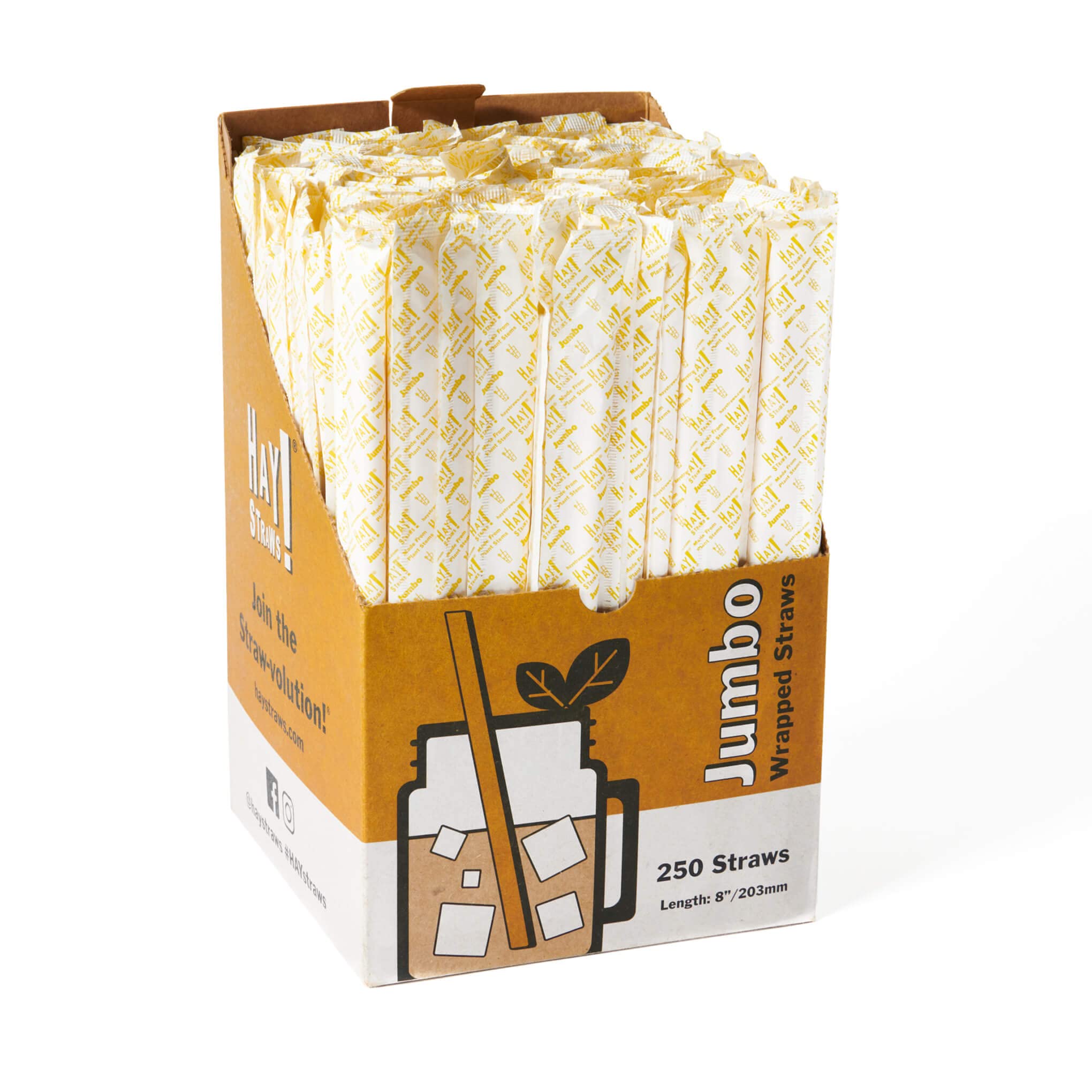 HAY! STRAWSJumbo all natural smoothie Large biodegradable straws, disposable smoothie straws, made from plant stems, 8 inches in length, 250 Pack individually wrapped straws.