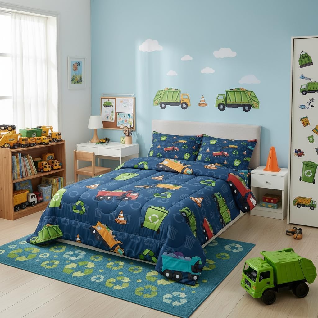 Erosebridal Kids Bedding Full Size Garbage Truck Comforter Set, Cartoon Car Vehicles Bedding Comforter Sets for Boys Girls Trash Waste Management Vehicle Duvet Set Refuse Classification Quilt 3Pcs