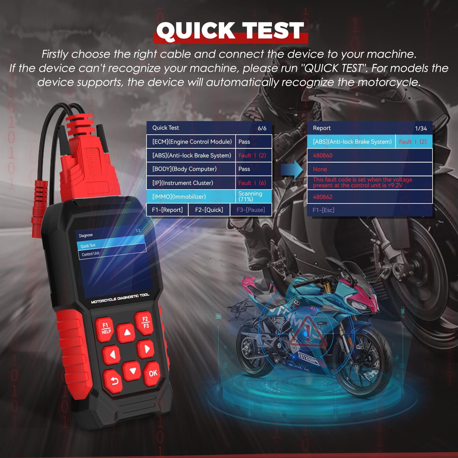 MRCARTOOL Appareil de Diagnostic de Moto OBD2 Scanner de Moto pour Kawasaki Honda Yamaha Triumph KTM EU Outil de Analyseur Diagnostic d'erreurs Codes Mémoire des Erreurs Lecture de Moto
