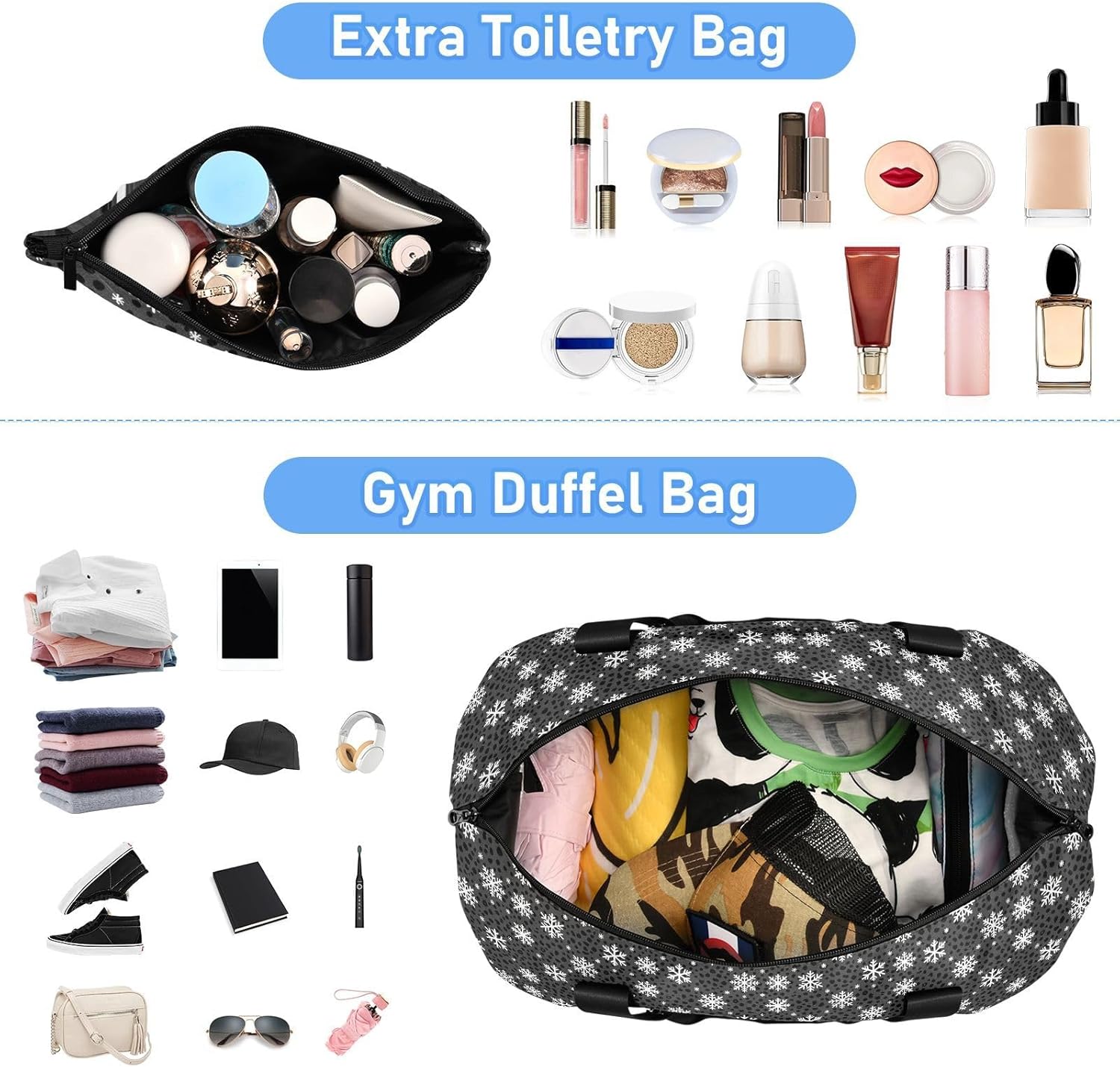 2 Pcs Set Tote Bag Snowflake Cheetah Black Leopard Skin Gym Sports Carry with Toiletry Bag for Hiking
