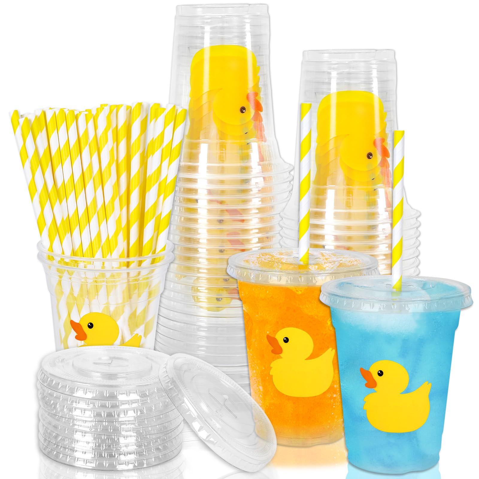 Whaline 50Pcs Yellow Duck Plastic Cups with Lids and Straws 12oz Party Cups Cute Duck Beverage Drinking Cups for Birthday Summer Pool Beach Party
