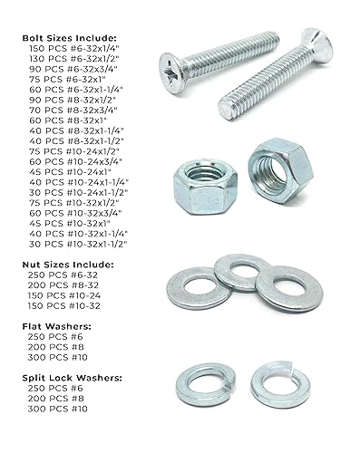 Miniatura 4 de Tornillos de cabeza plana Phillips #6#8#10, arandelas planas y divididas y tuercas hexagonales, juego surtido