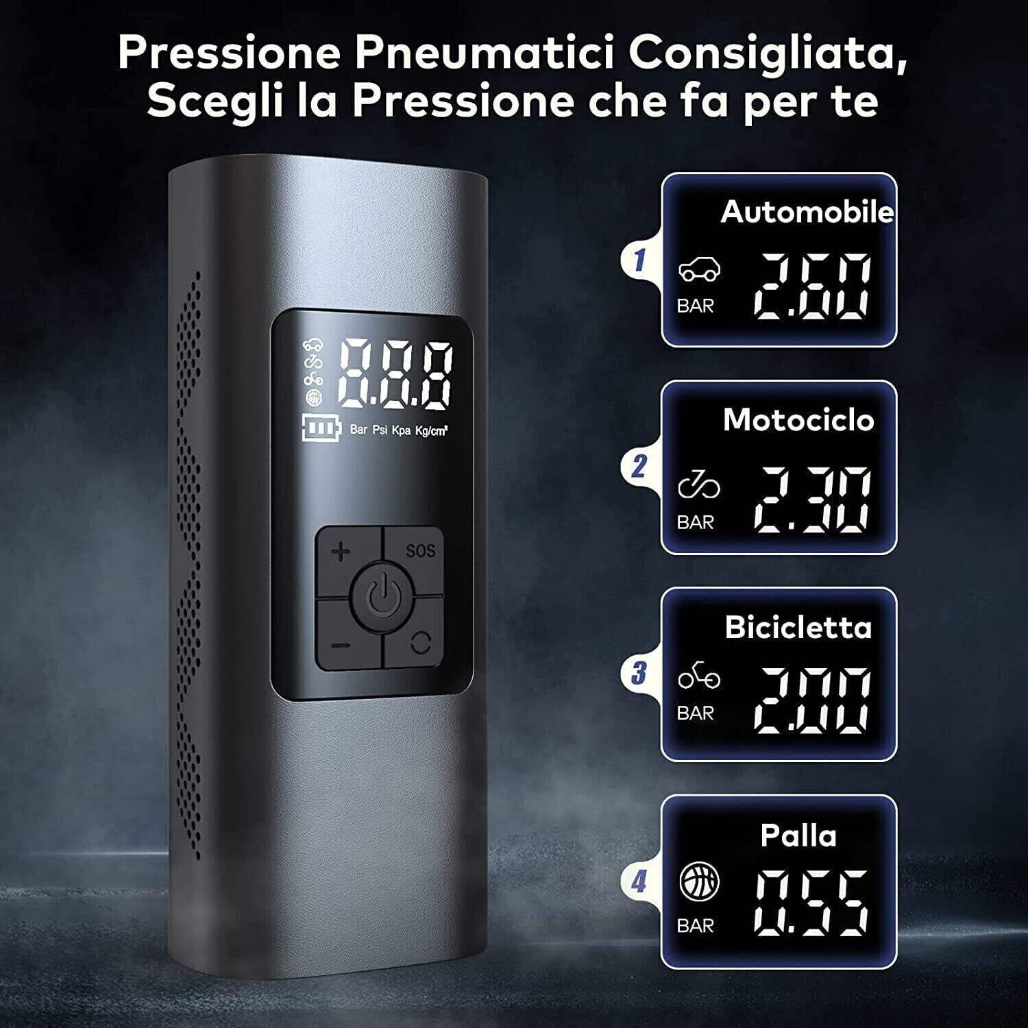 Compressore Portatile DISCORAMA 6000mAh | Gonfiatore Elettrico Per Auto, Moto, Bici Con Torcia LED E Powerbank