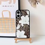 NITITOP Compatible with iPhone 16 Case Cute Brown Leopard Print Floral Flower for Women Girls Glossy PC Hard Back Shockproof Protective Phone Cover - White Lily
