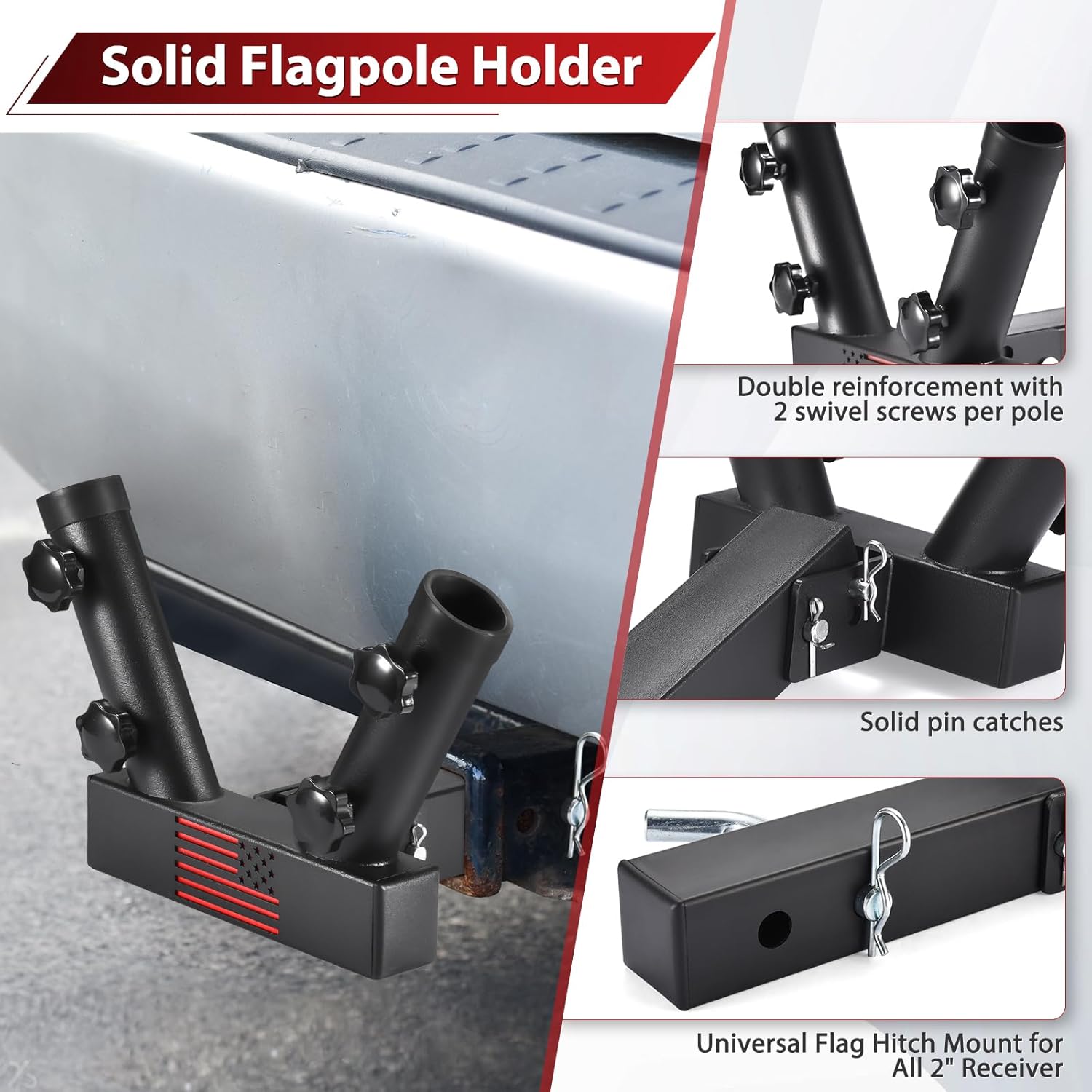 GADFISH Trailer Hitch Flagpole Mount, 2 Mounting Options US Flag Hitch Mount, Universal Flag Hitch Mount for All 2" Receiver, Trailer Hitch Flag Pole Holder for Driving, Black (for 2 Flagpoles) - Image 3