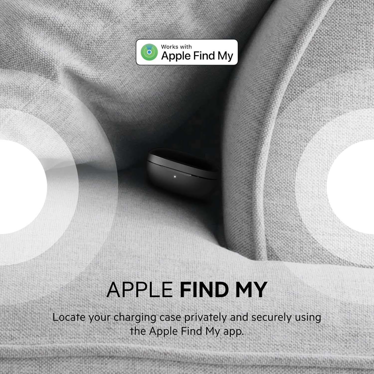Belkin SoundForm Immerse Charging Case hidden in a couch cushion with Apple Find My logo