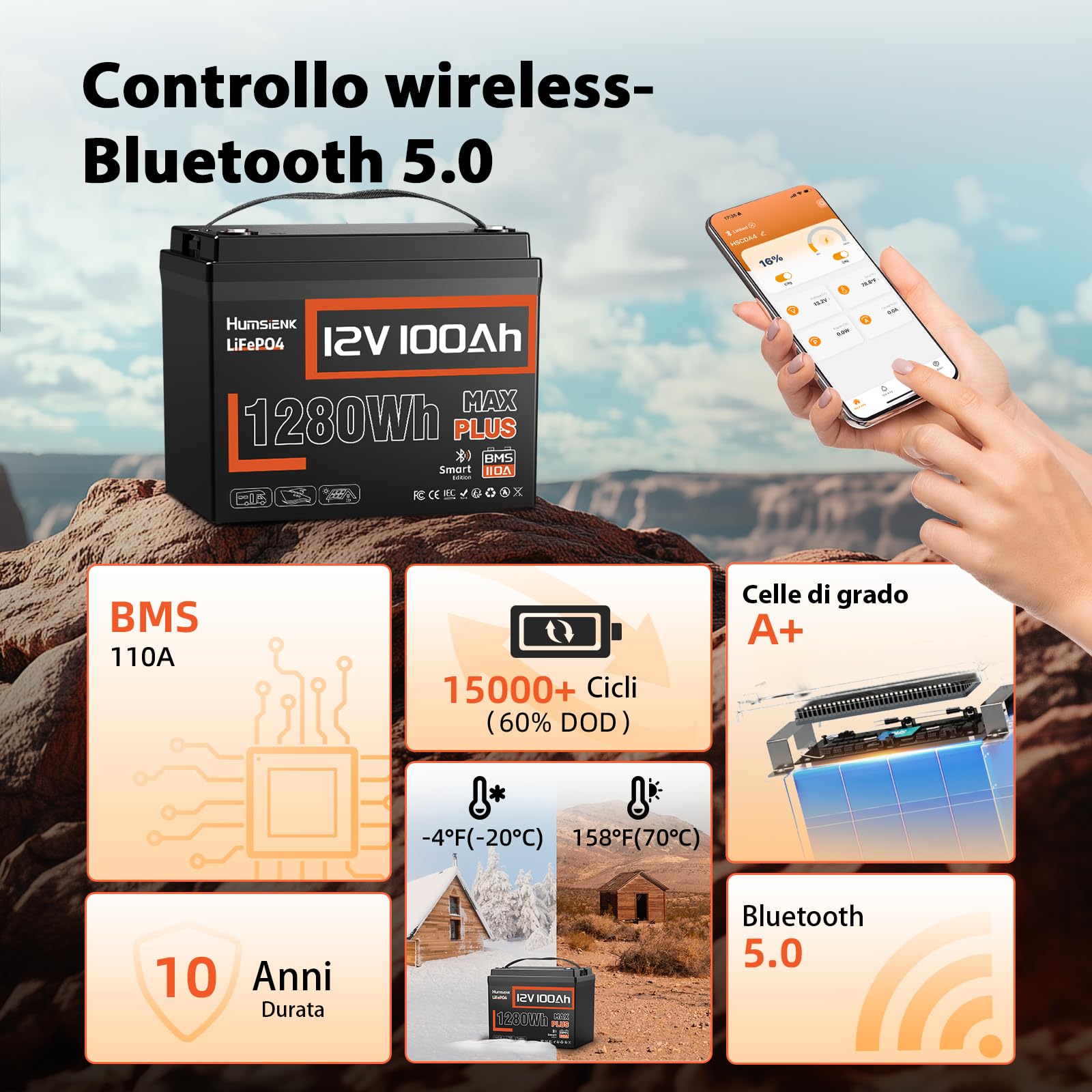 Humsienk LiFePO4 Bluetooth 12V 100Ah con caricabatterie 14.6V 20 A, batteria al litio 12 V 100 AH con protezione BMS a bassa temperatura per camper, barca, off-grid