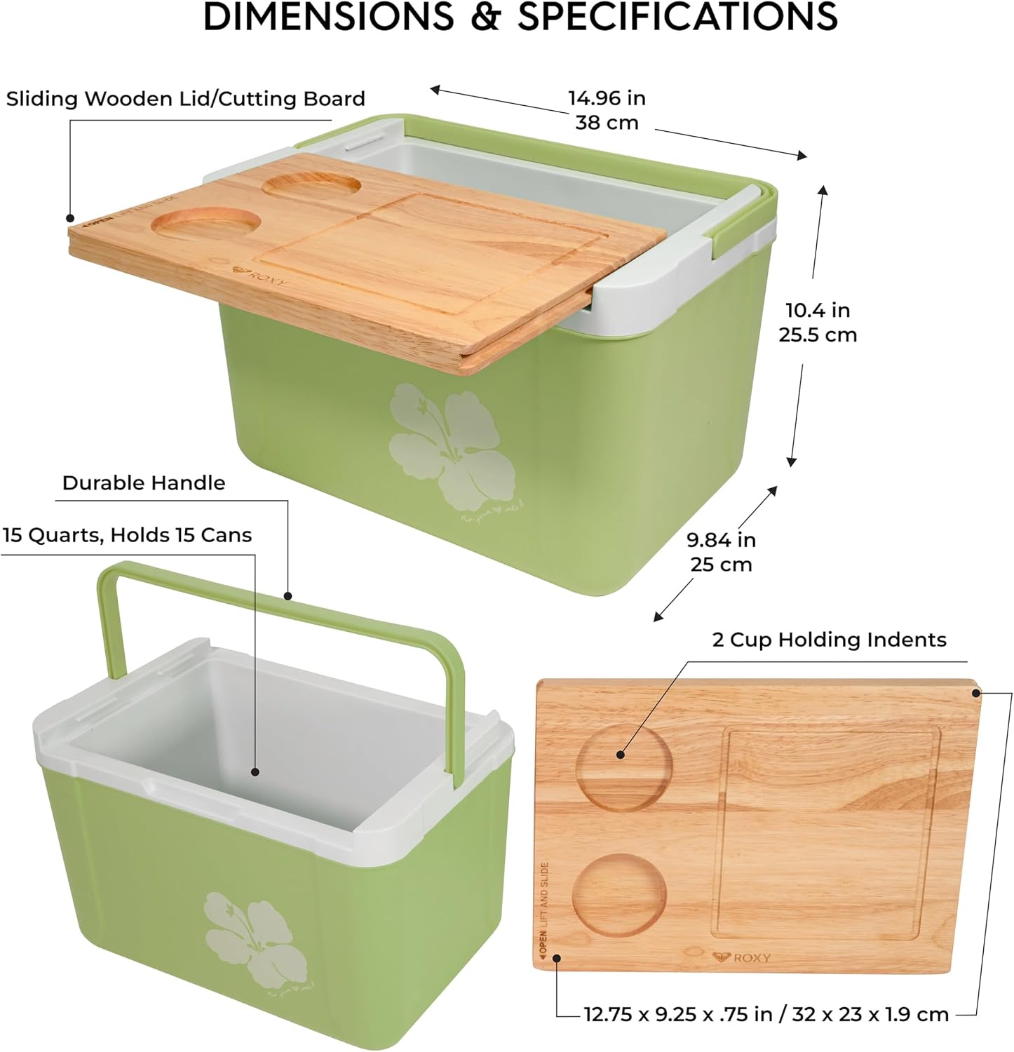 Roxy 15 Quart Cooler with Sliding Wooden Lid and Cutting Board, Portable Insulated Hard Cooler for Beach, Picnic, Travel and Camping