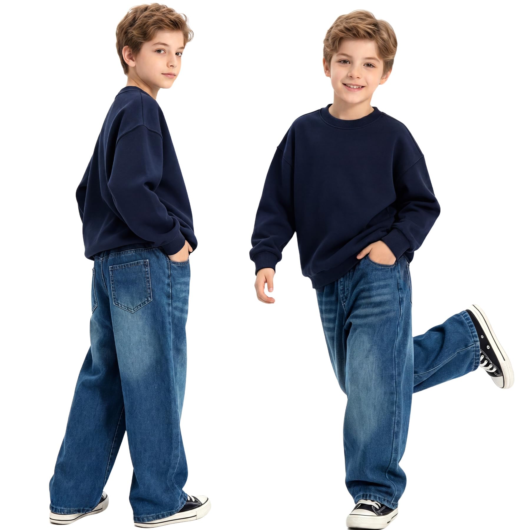 Jeans Ragazzo Bambino Dritto Baggy Denim Loose Fit Pantaloni con Vita Elasticizzata Lunghi Blu Pantaloni Casual Stretch Denim Jeans Moda Streetwear per Ragazzi 5-14 Anni