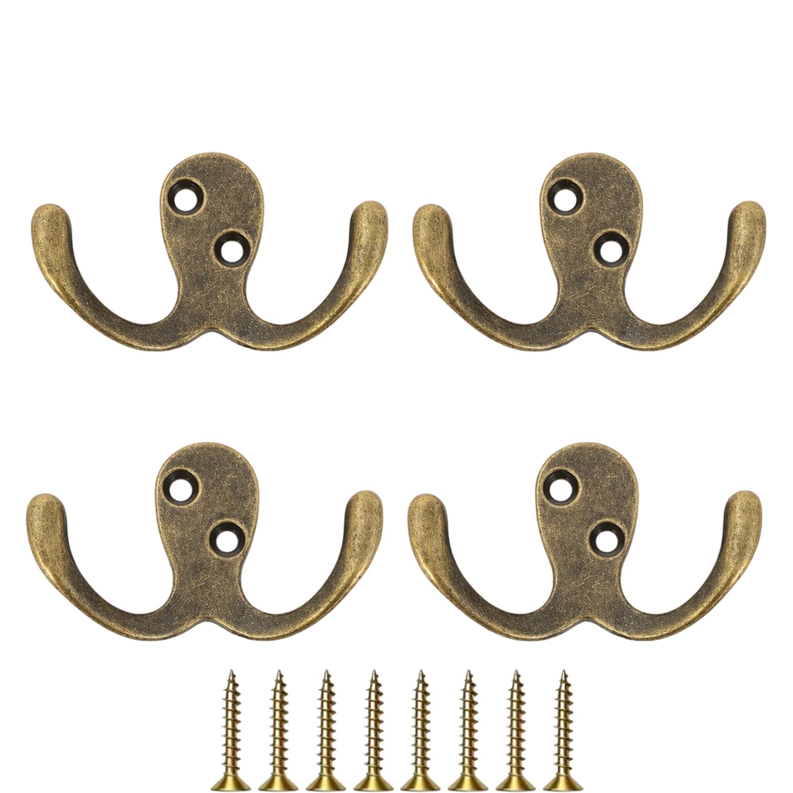 WsiQxuc 4 Pcs Brass Hooks, Brass Coat Hooks for Door and Wall Storage, Antique Brass Double Coat Hooks with Screws for Home and Office Organisation