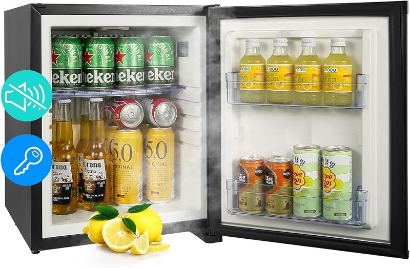 Mini Fridge for Bedroom, 1.07 Cu.Ft, Compact Quiet Fridge | 110V Reversible Door with Lock, Energy-Efficient Beverage Cooler for Bedroom, Dorm, RV, Hotel, Office, Black