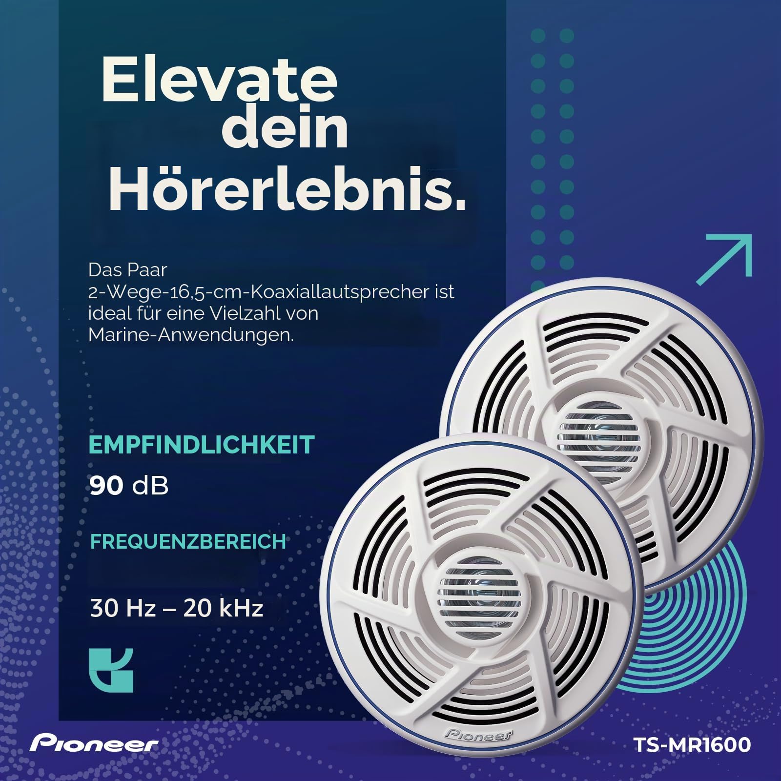 PIONEER TS-MR1600 Marinetauglicher Doppelkonus Outdoor Lautsprecher (100 W), 16 cm, Eingangsnennleistung 25 W, Gitter in Weiss