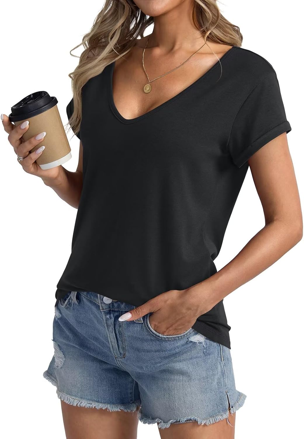 Womens Deep V Neck Short Sleeve T Shirts Casual Loose Fit Shirt Sexy Summer Tops Folded Sleeves Basic Tee 2025 - Image 4