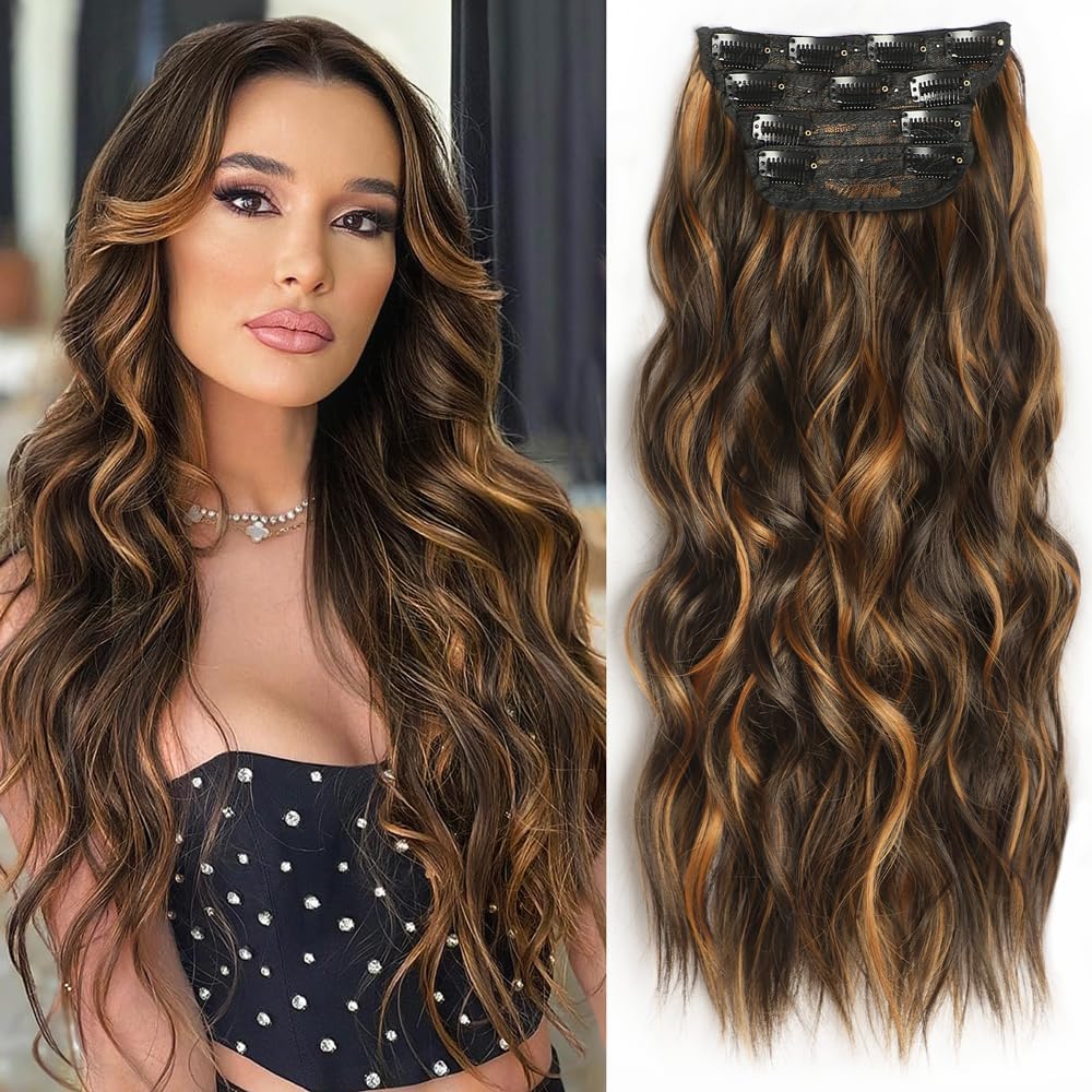 Sankrityayan Synthetic Hair Extension Clip in Long Wavy 24 Inch Medium Brown Mix Caramel Brown 4PCS Thick Hairpieces Fiber Double Weft Hair Hairpiece for Women-image-36