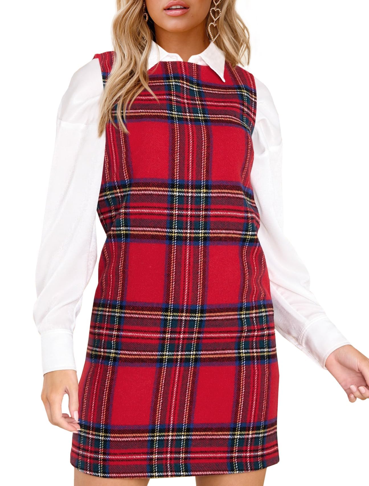Fisoew Womens Plaid Christmas Dress Mini Sleeveless Round Neck A Line Short Xmas Party Dresses