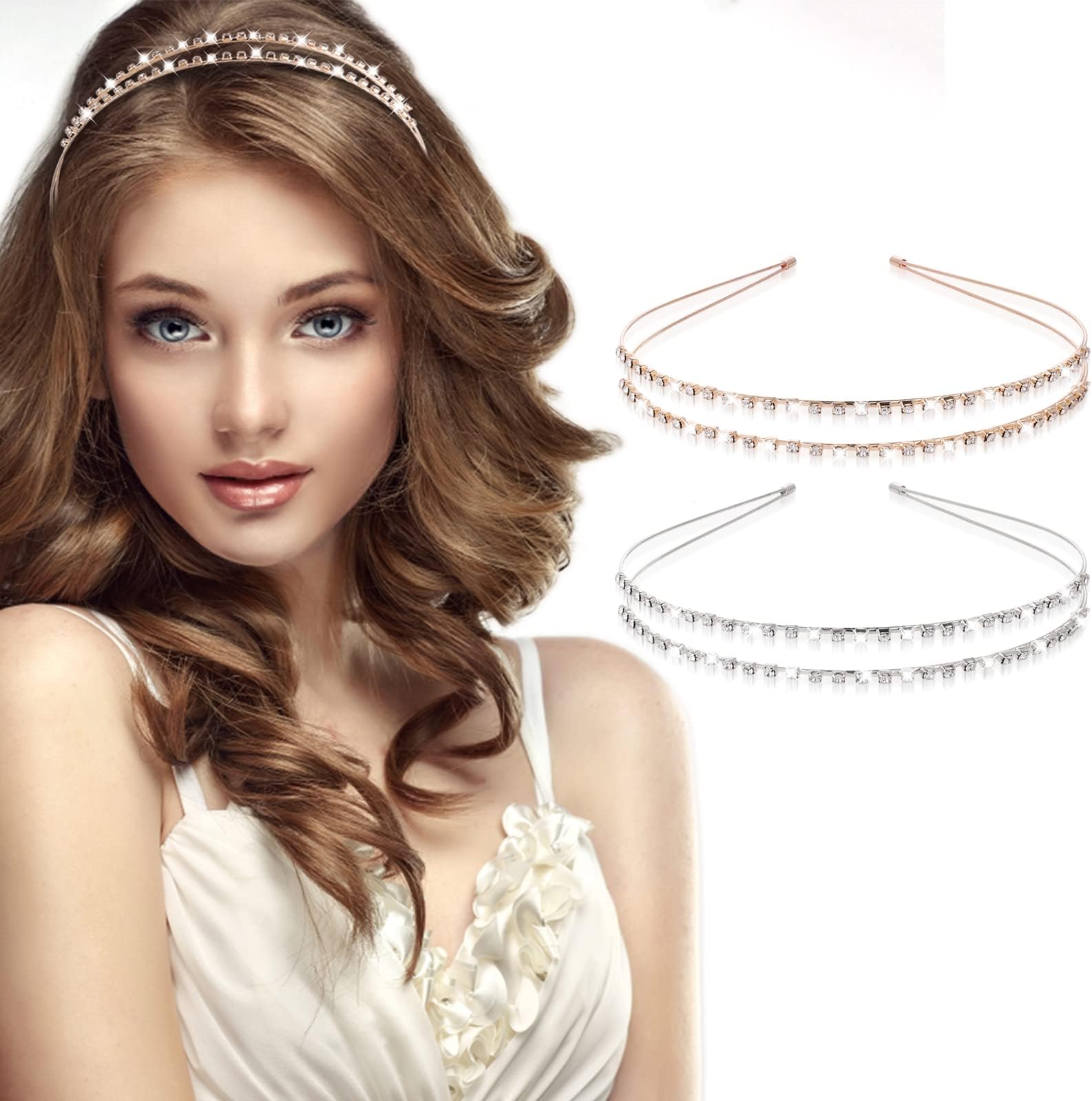 2 Pieces Double-layer Rhinestone Hair Hoop Headband Shiny Crystal Headbands Metal Hairband for Princess Wedding Bridal Headpieces(Gold, Silver)