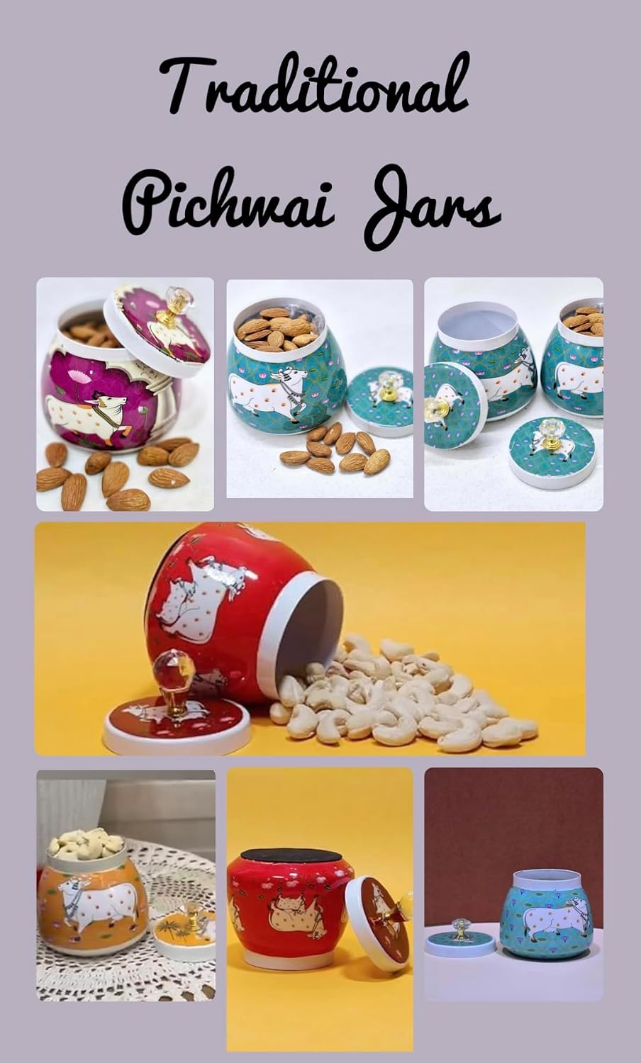5 Pcs Assorted Prints Pichwai Storage Jars with Lid 4" – Laddoo/Mithai/Sweets Jars, Lotus Cow Peacock Prints with Gift Wrap, Doilies for Indian Return Gifts, Lohri Favors, Sankranthi Pooja Giveaways