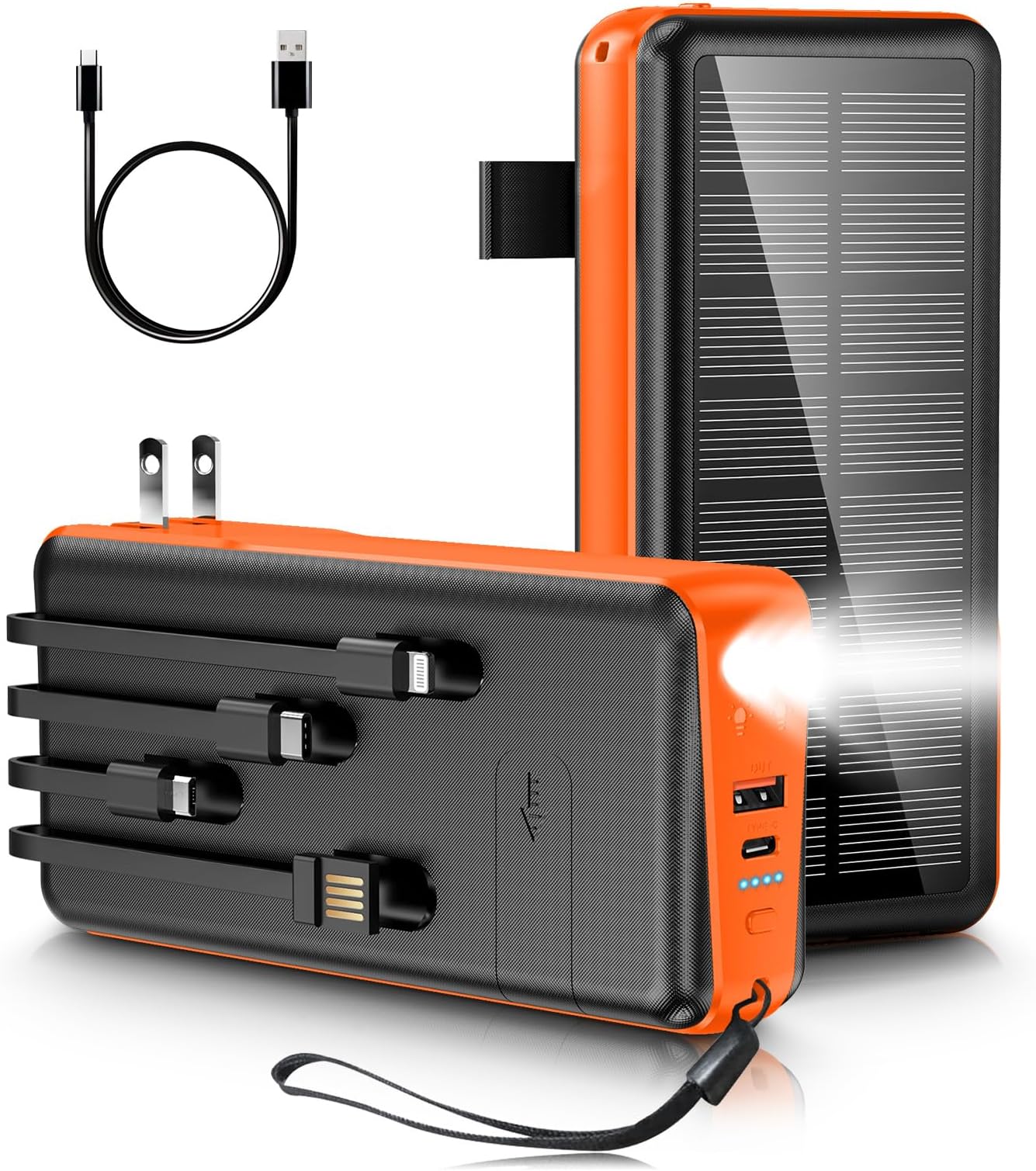 Portable Charger with Built in Cable and Wall Plug 30000mAh 22.5W Fast Charging Solar Power Bank with 5 Output & 2 Input Dual LED Flashlights Phone Holder External Battery Pack (Orange)