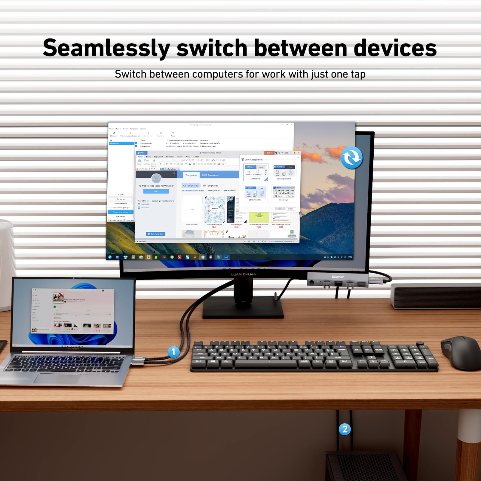 BENFEI Switch KVM HDMI 2.1 8K@60Hz 4K@240Hz/165Hz/144Hz/120Hz 2 Ingressi 1 Uscita con 4 Porte USB A 3.0 5Gbps per Tastiera Mouse HDD Hard Disk Switch KVM USB con Controller Desktop e 2 Cavi USB