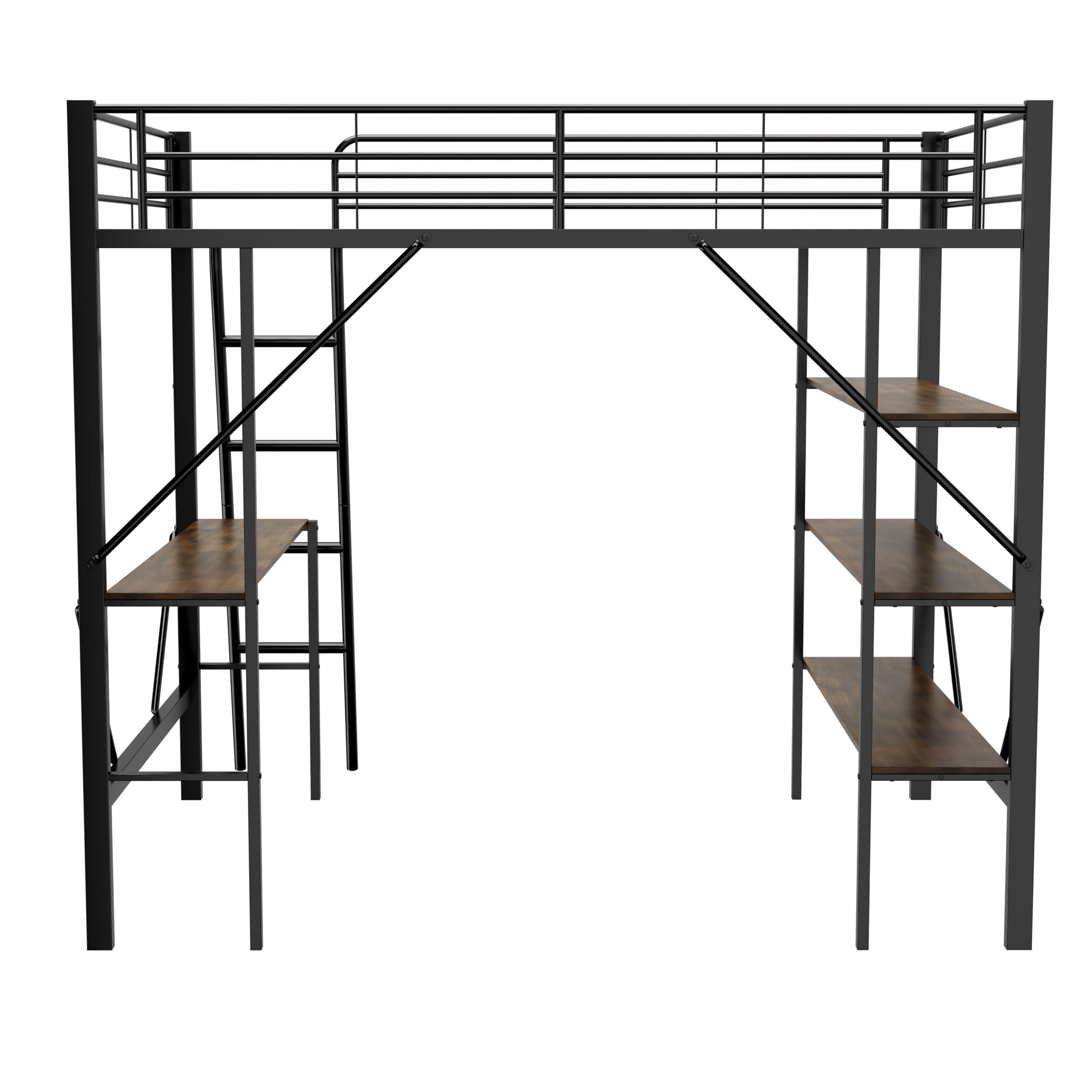 Łóżko piętrowe 90 x 200 cm, metalowa rama łóżka, łóżko żelazne, łóżko piętrowe z biurkiem i 3 dużymi półkami dla dzieci, młodzieży i dorosłych, czarne (czarne)