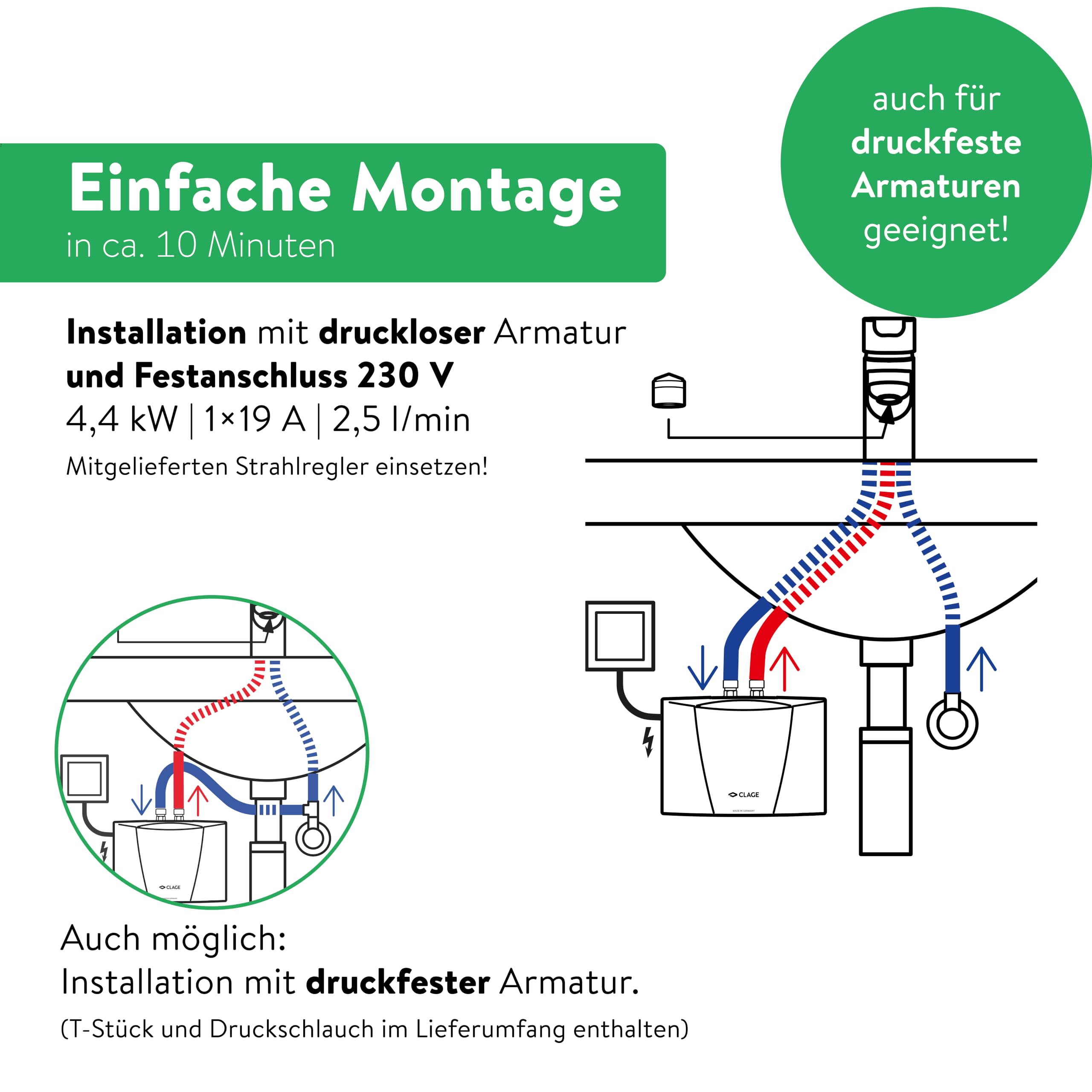 CLAGE MBH4 hydraulischer Klein-Durchlauferhitzer fürs Handwaschbecken, 4,4 kW, mit Stecker, druckfest + drucklos, VDE-GS geprüft, 1500-16004
