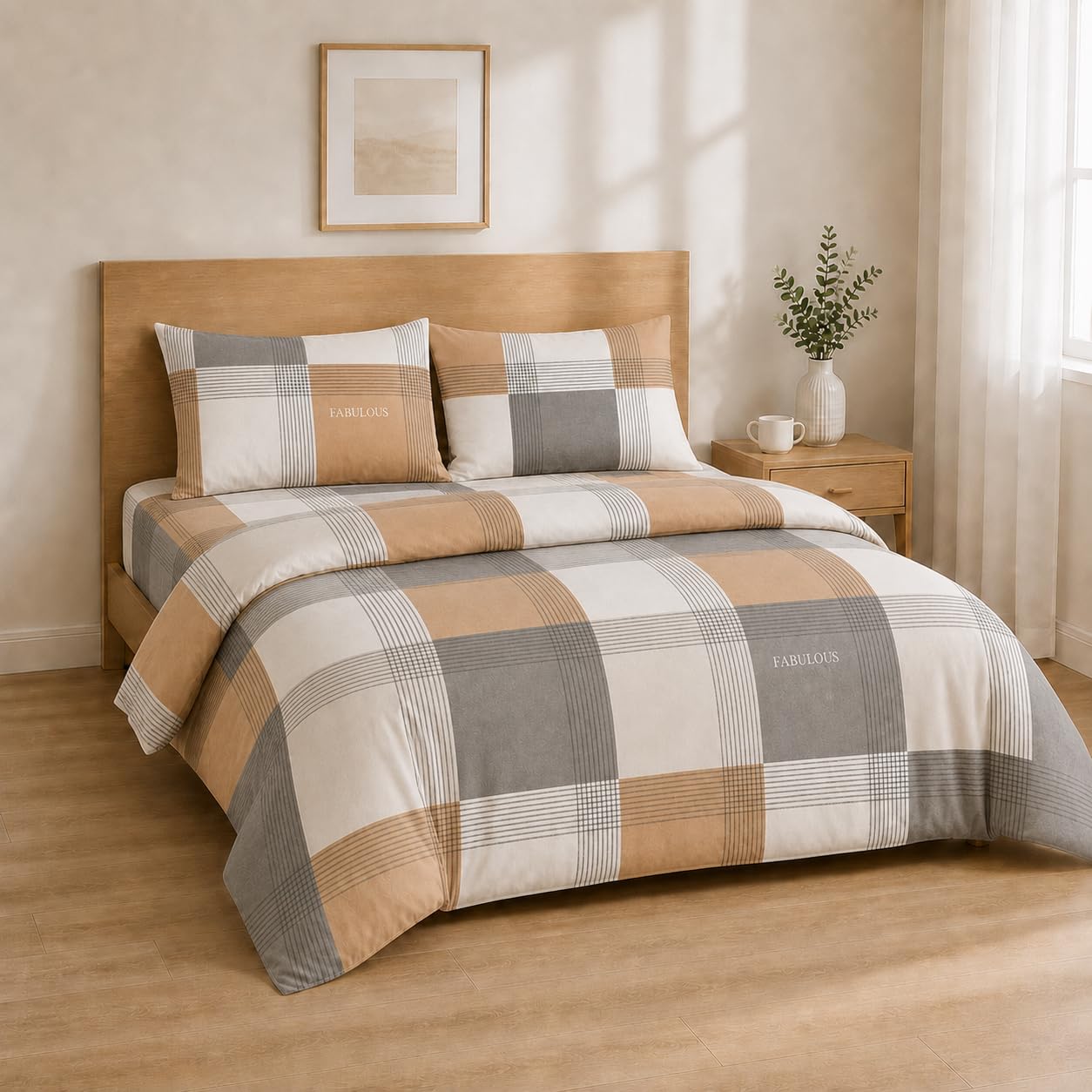 Homebliss Bed Linen Set 135 x 200 + 30 / 220 x 280 + 50 x 80 2 Pieces, Checked Beige Grey