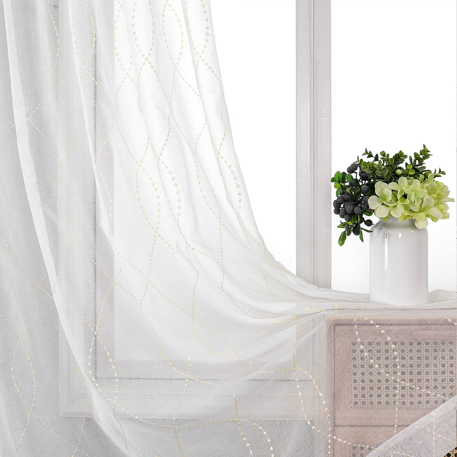 VISIONTEX White Sheer Curtains 84 Inches Long 2 Panels Set Moroccan Embroidery Beige Dots Embroidered Voile Fabric Semi Rod Pocket Window Treatment Drapes for Living Room Bedroom 54 x 84 Inches